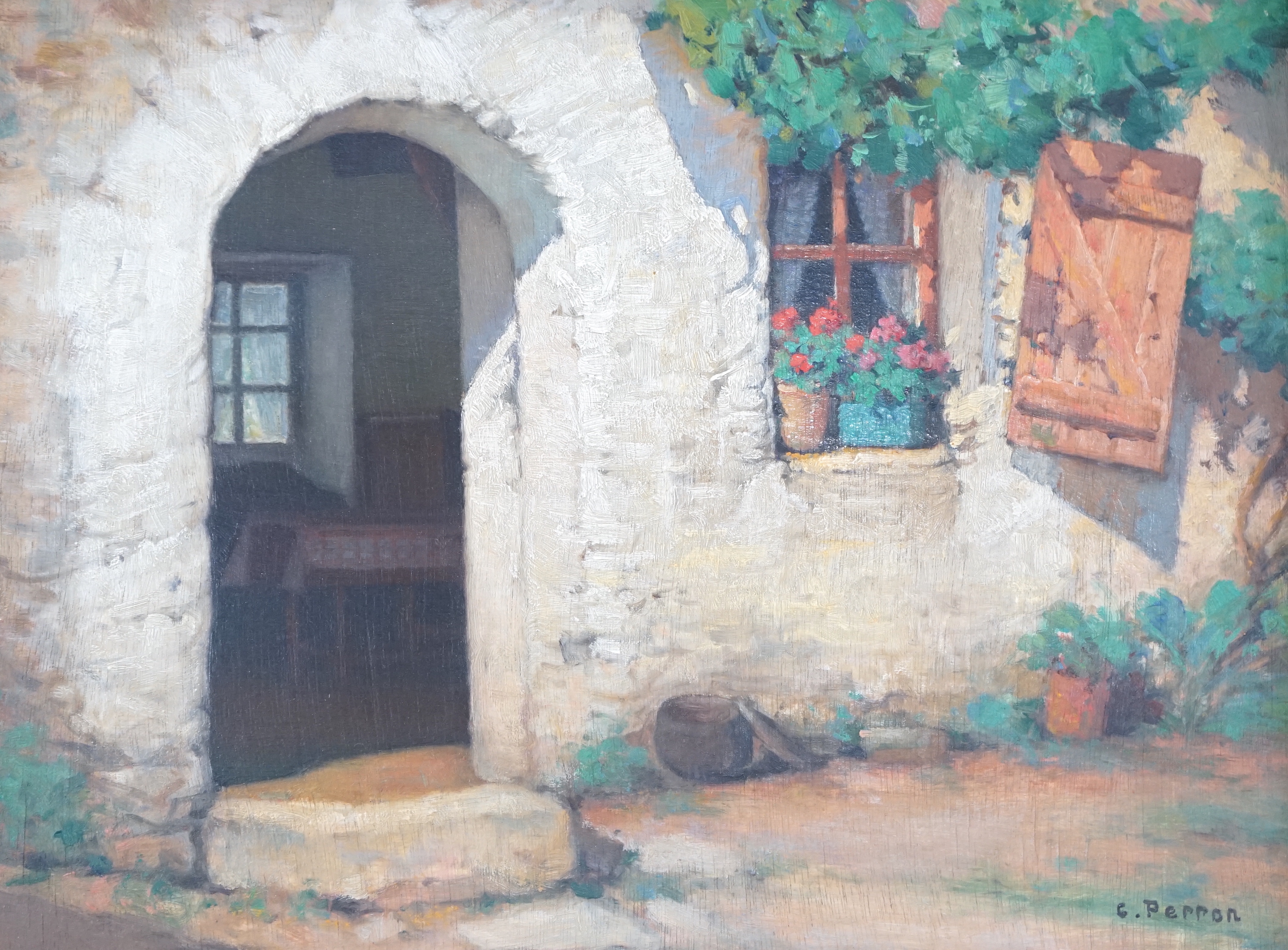 Charles Clement Perron (French, 1893-1958) oil on board, Study of a cottage doorway, signed, 25 x 35cm